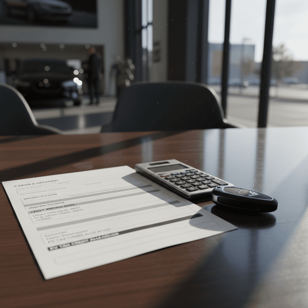 Car lease paperwork, calculator, and EV key fob arranged on a dealer desk to illustrate comparing electric vehicle lease offers in 2026.