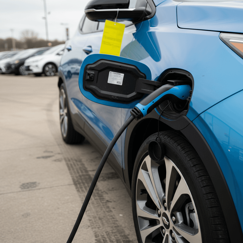 Used Chevrolet Bolt EUV parked at a dealership lot with pricing stickers in the window