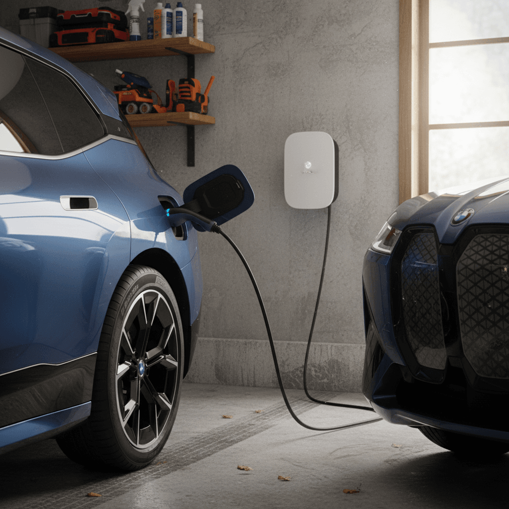 BMW iX charging via a Level 2 wallbox in a modern home garage, illustrating long-term EV ownership costs