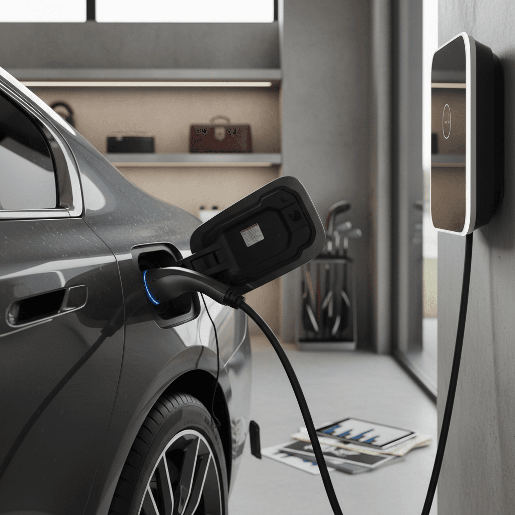 BMW i7 plugged into a home charger, illustrating how battery health and charging habits affect resale value