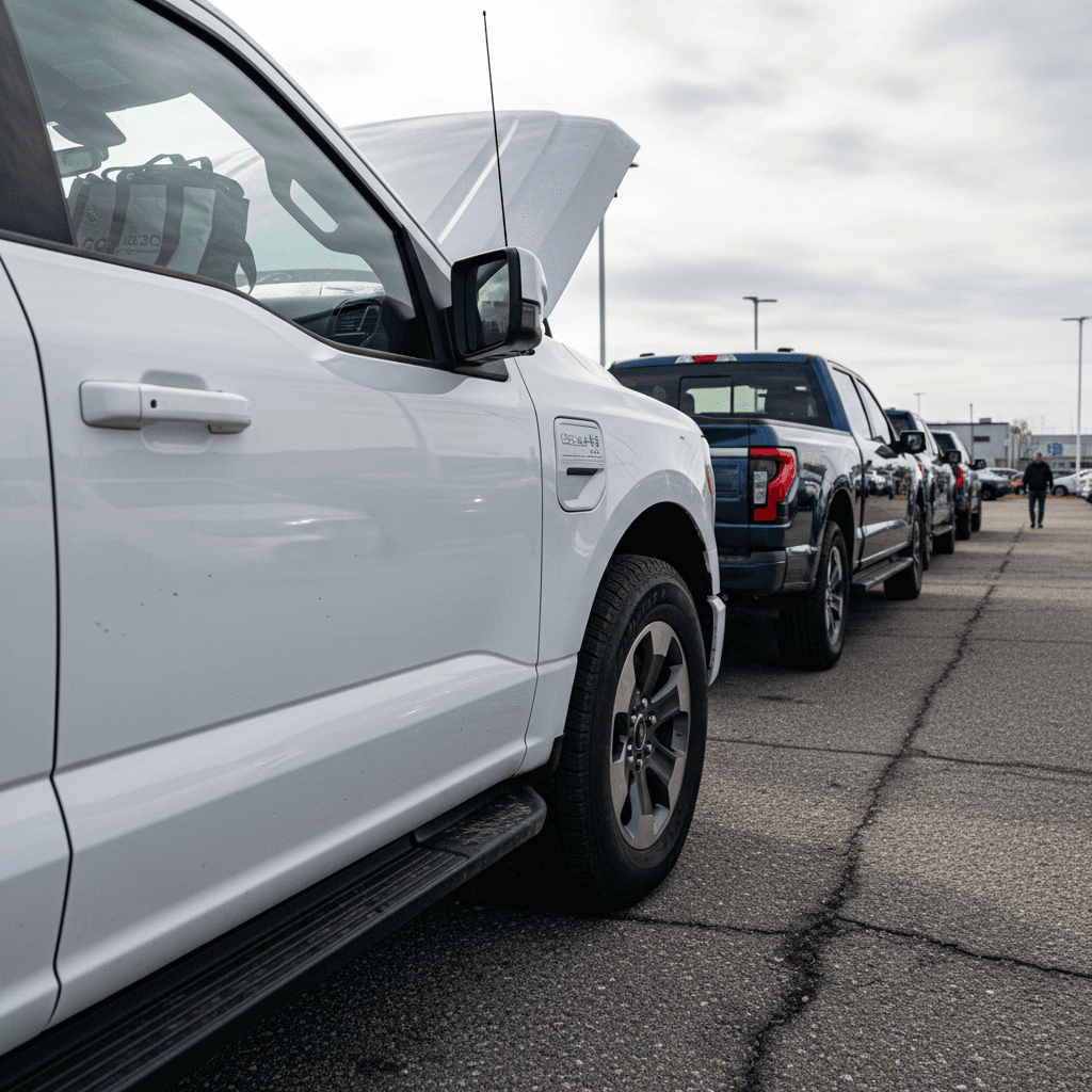 Row of used Ford F-150 Lightning electric trucks parked on a dealer lot, illustrating different trims and resale value after several years