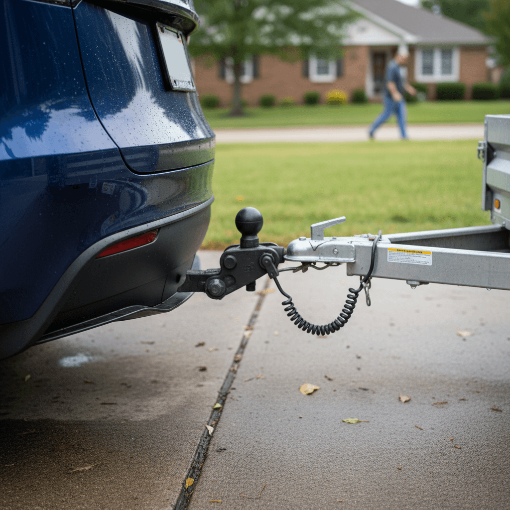 Close-up of a Tesla Model Y rear tow hitch with a trailer coupler attached in a residential driveway