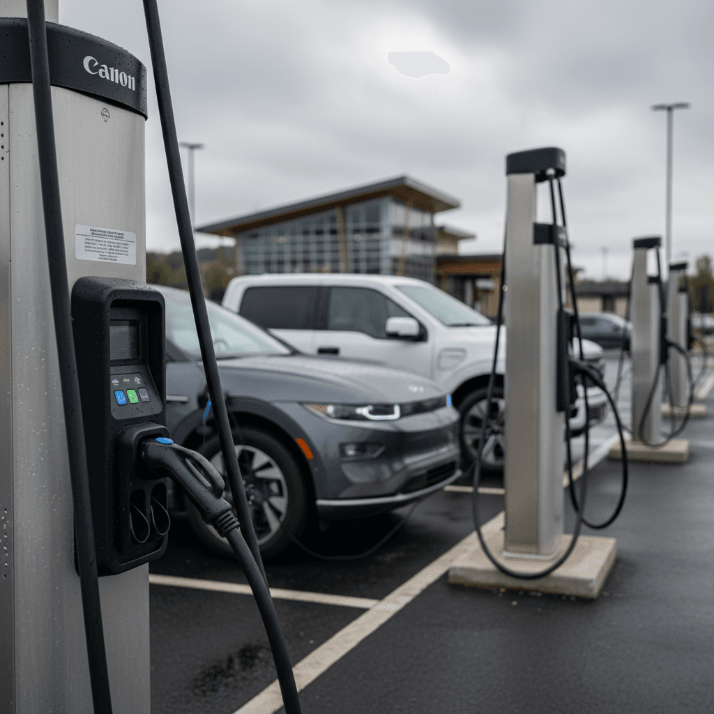 Multiple DC fast chargers with CCS and NACS connectors at a Pennsylvania Turnpike service plaza with EVs plugged in