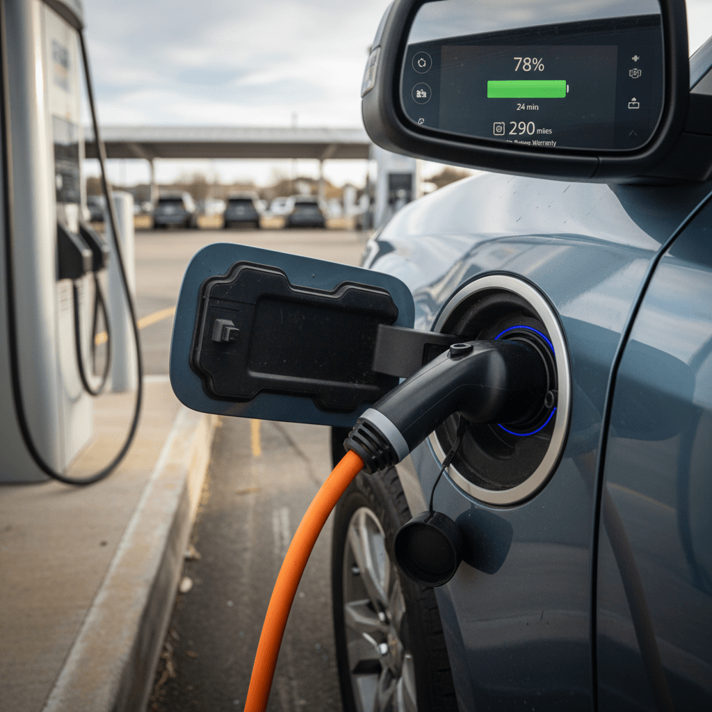 Chevy Silverado EV plugged into a DC fast charger, showing battery percentage and remaining range on the screen