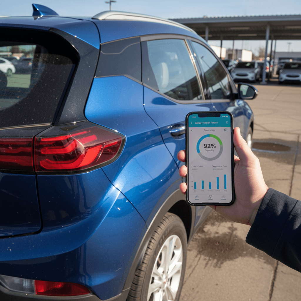 Seller presenting a clean Chevrolet Bolt EUV with phone showing a battery health report to a prospective buyer