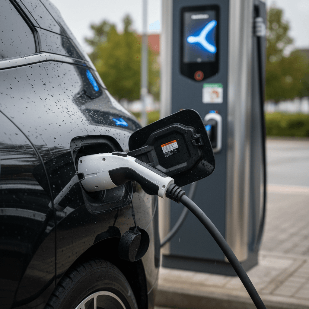 BMW iX using a DC fast charger with price per kWh shown on the station display