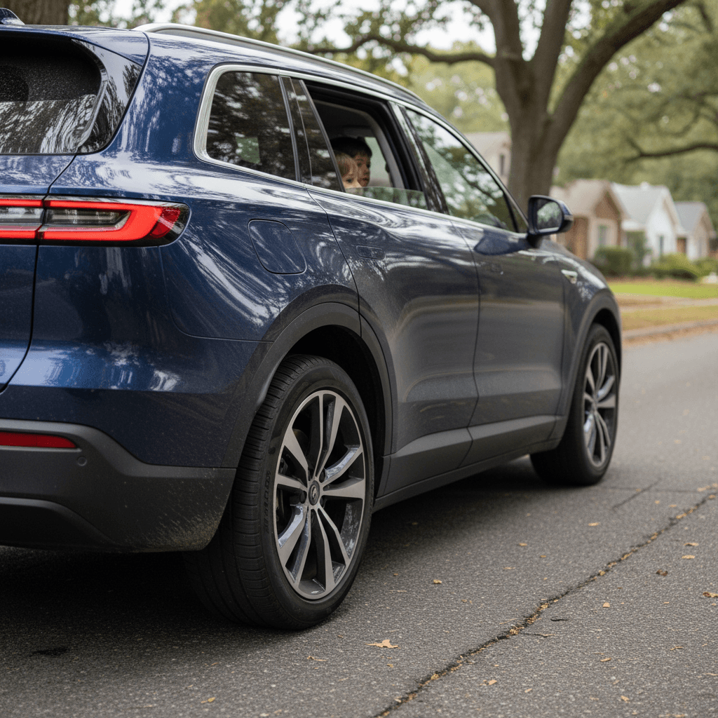 Family loading an electric SUV while it charges at a highway station