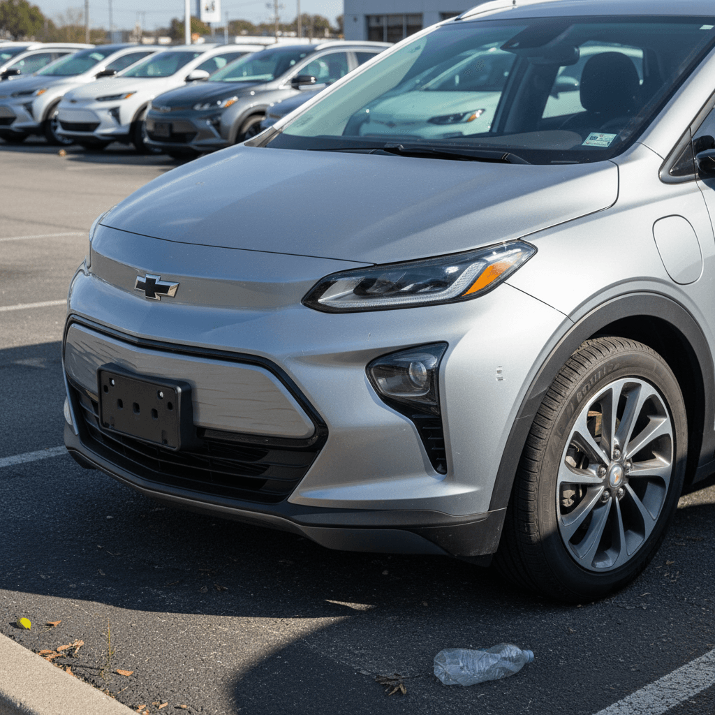 Used Chevrolet Bolt EUV parked at a dealership lot, highlighting its appeal as a three year old used electric SUV