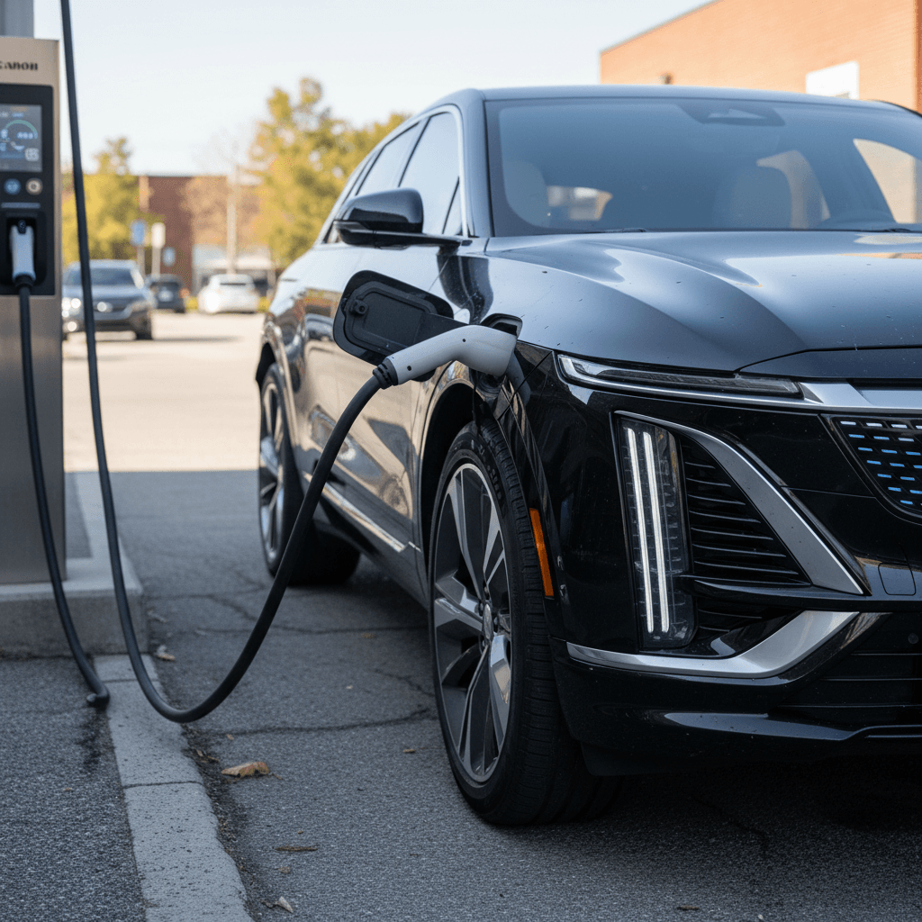 2023 Cadillac Lyriq plugged into a public fast charger, highlighting the CCS charge port on the rear quarter panel