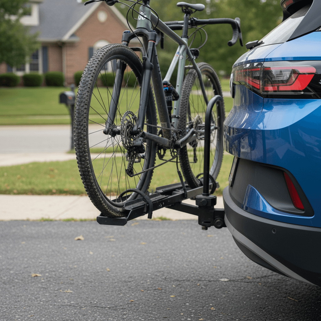 Volkswagen ID.4 with a hitch‑mounted platform bike rack loaded with two bicycles in a driveway