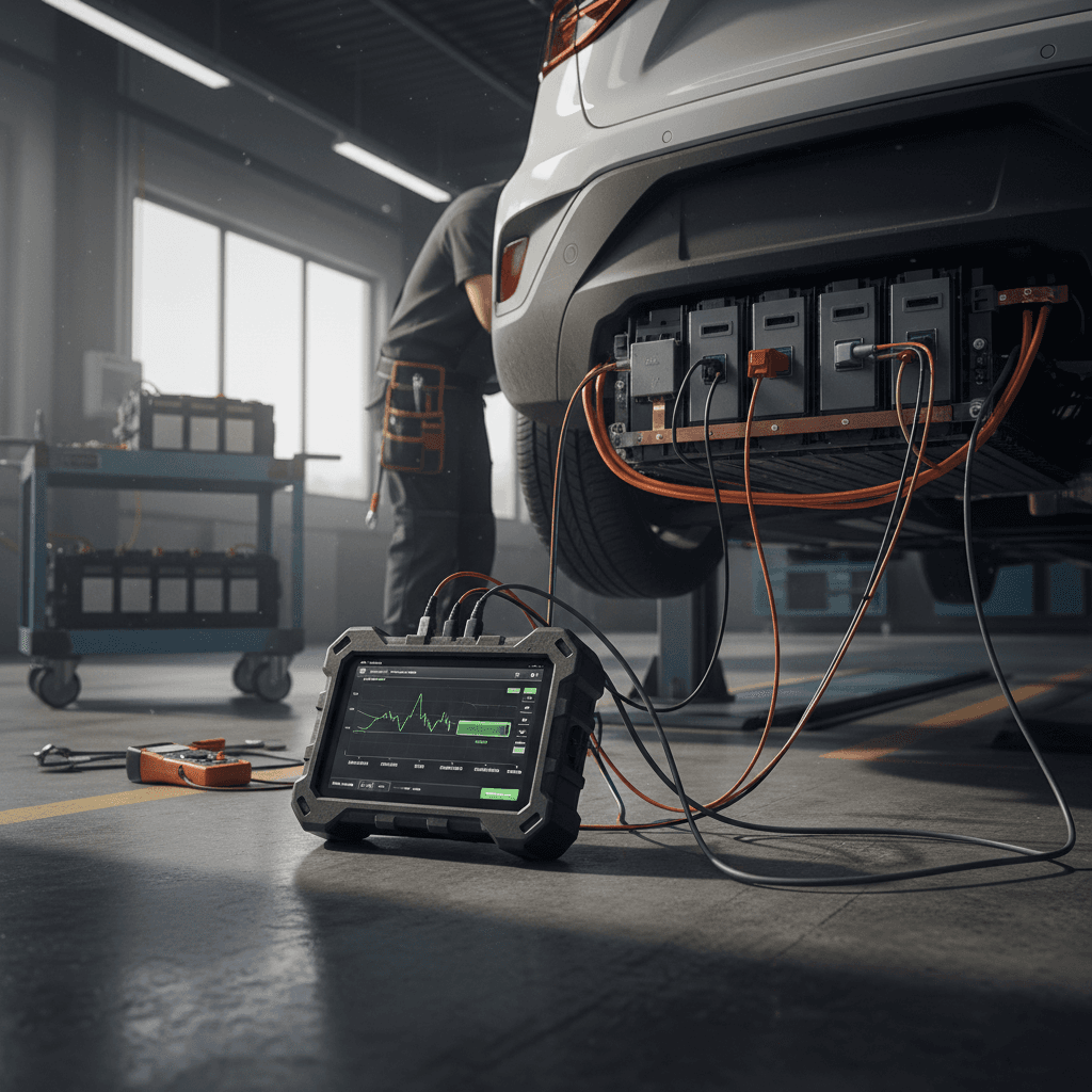 Technician performing EV battery health diagnostics on a used electric vehicle inside a modern service bay