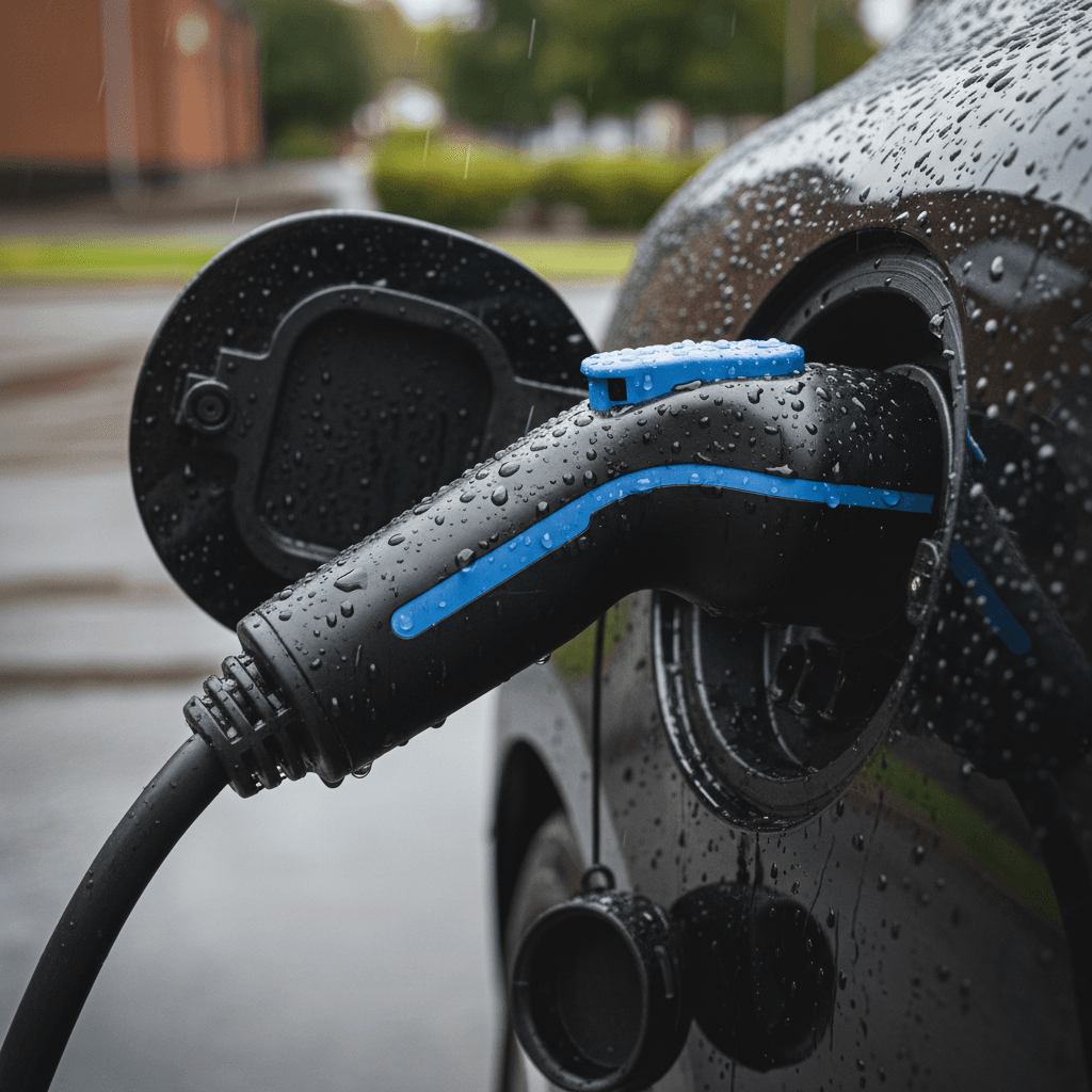 Close-up of an EV charging connector plugged into a car charge port, both covered in raindrops during outdoor charging.