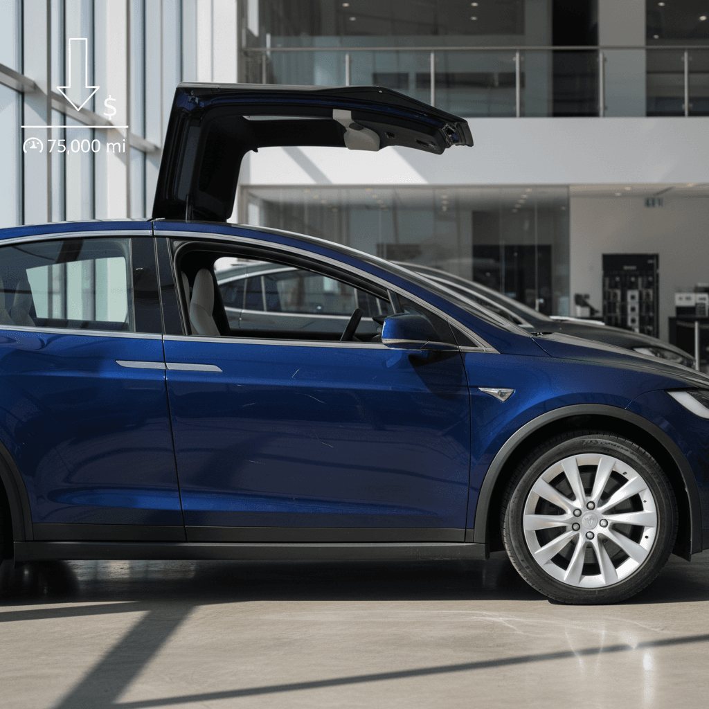 Used Tesla Model X in a bright indoor showroom with mileage and value indicators highlighted
