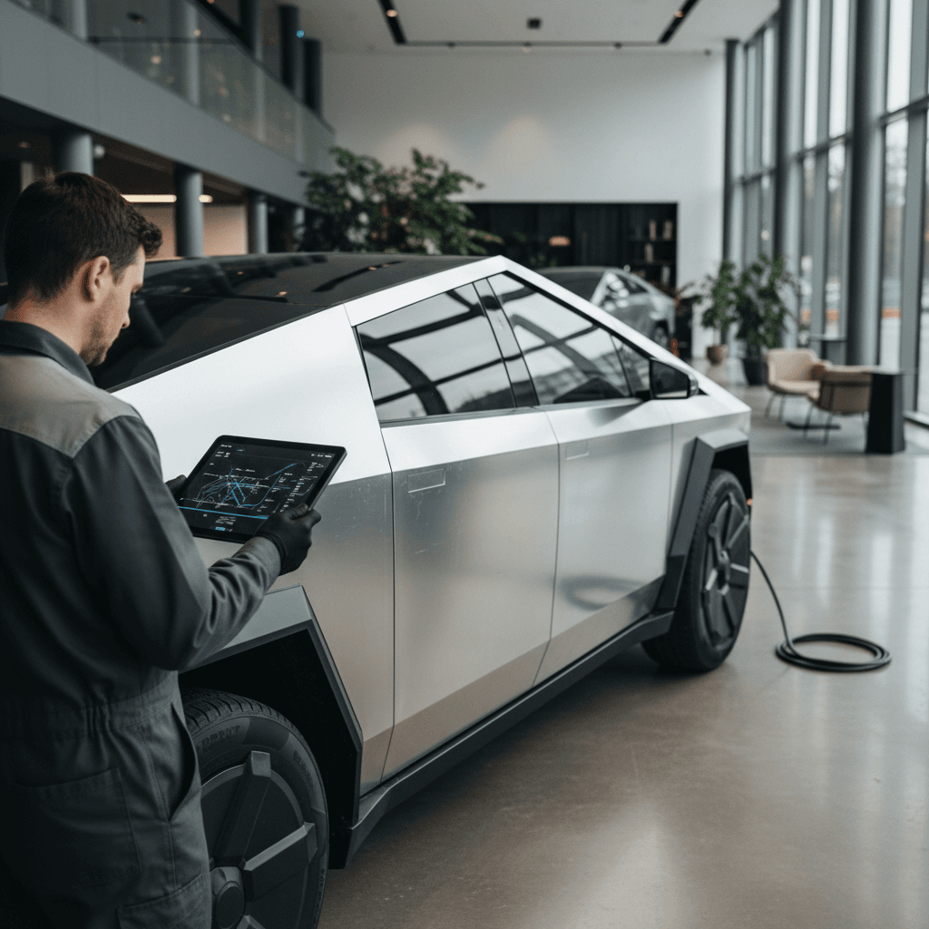 Technician with tablet inspecting a used Tesla Cybertruck in a bright showroom before providing a trade-in value estimate