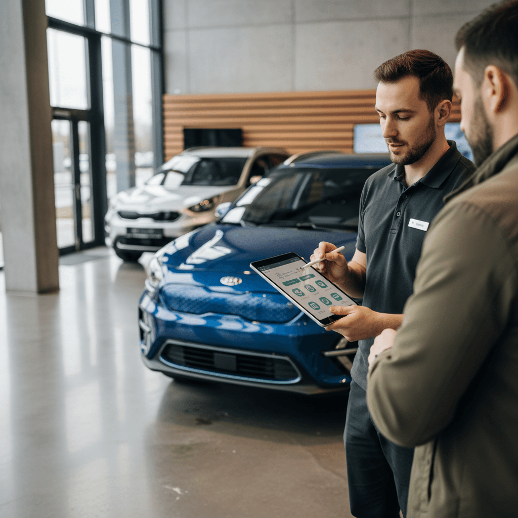 Service advisor showing a Kia Niro EV owner the maintenance schedule on a tablet in a modern service lounge