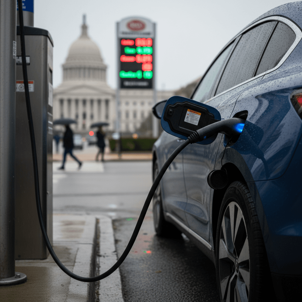An electric vehicle charging at a public station in Washington, DC with a gas station price board visible in the background.