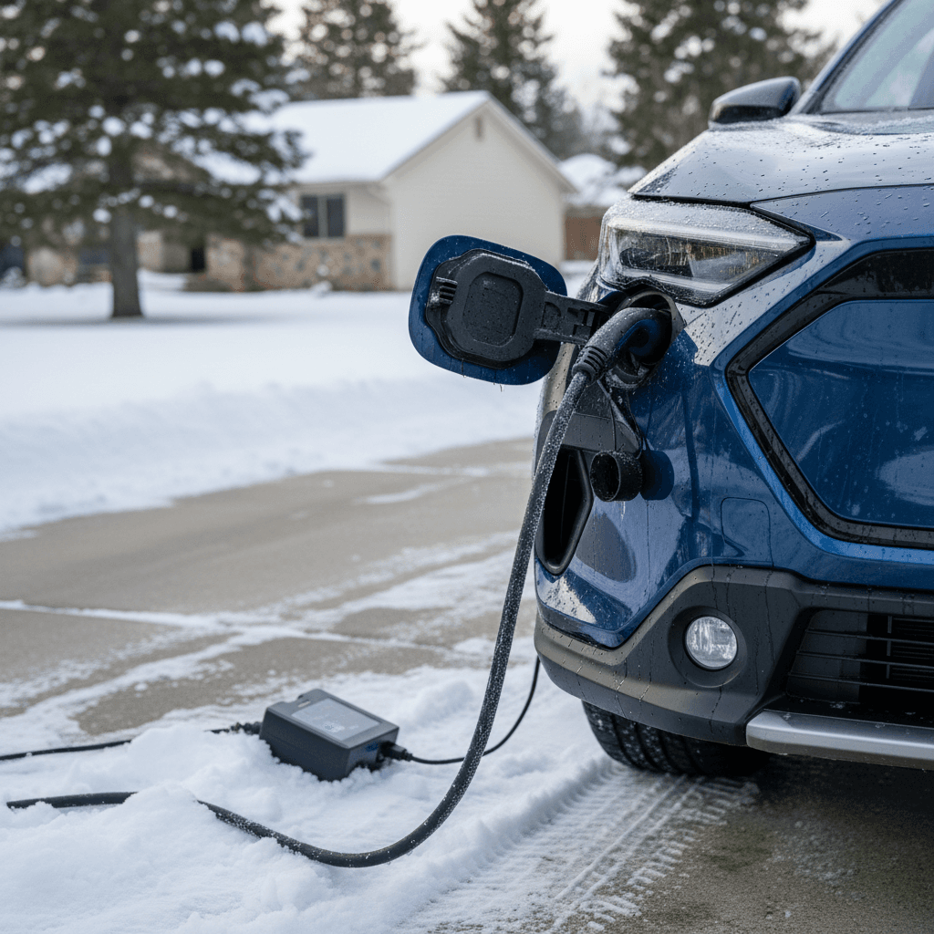 Subaru Solterra plugged into a home charger in a snowy driveway, illustrating winter range loss