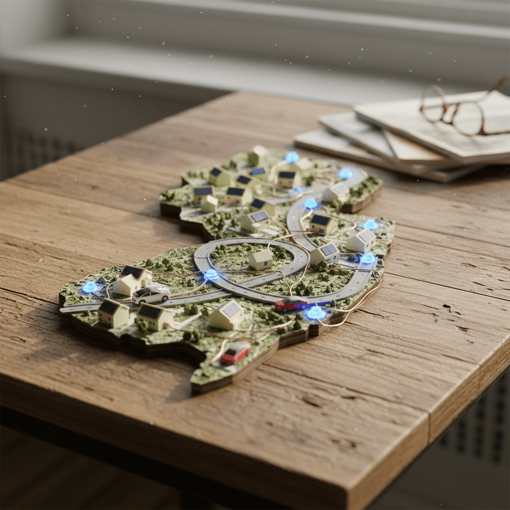 Illustrated map of New Jersey showing clusters of EV chargers along highways and in suburban neighborhoods