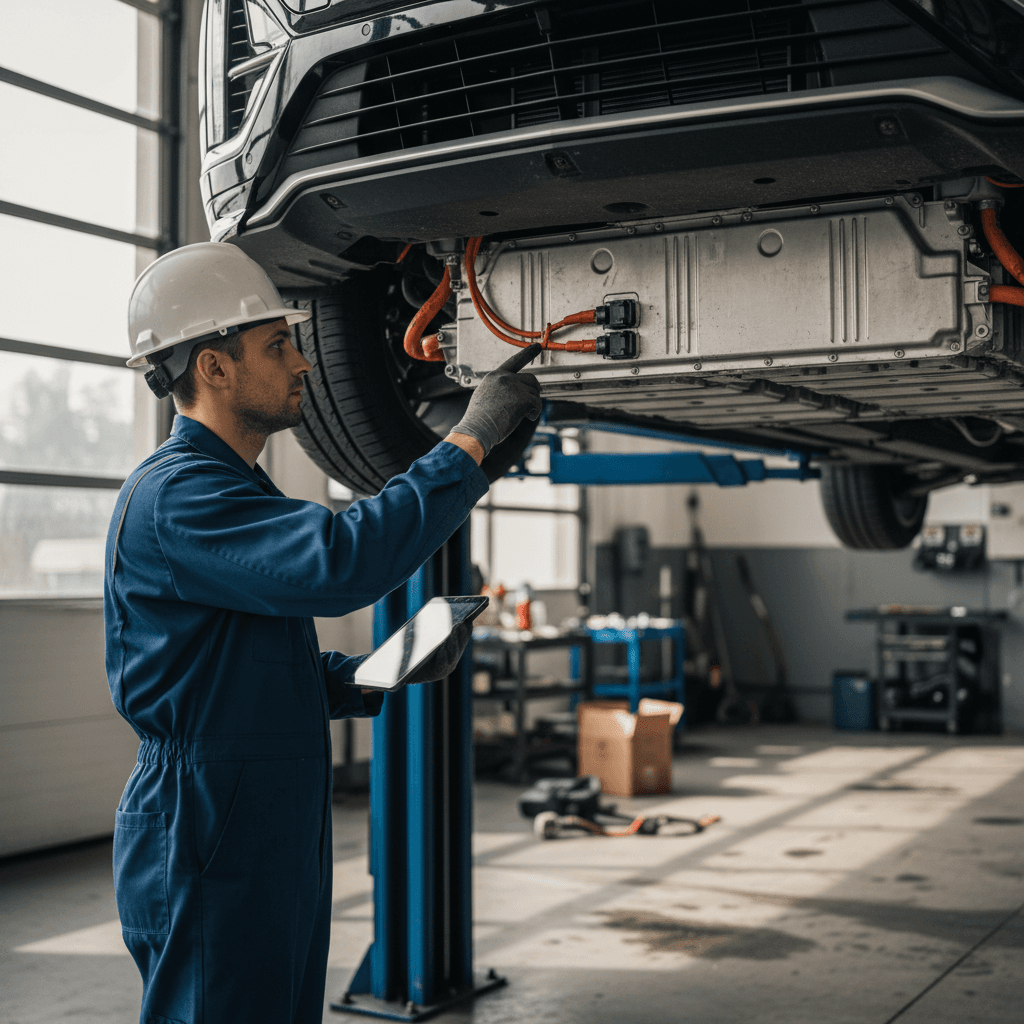 Technician inspecting the underside of a Cadillac Lyriq battery pack on a lift during a recall inspection