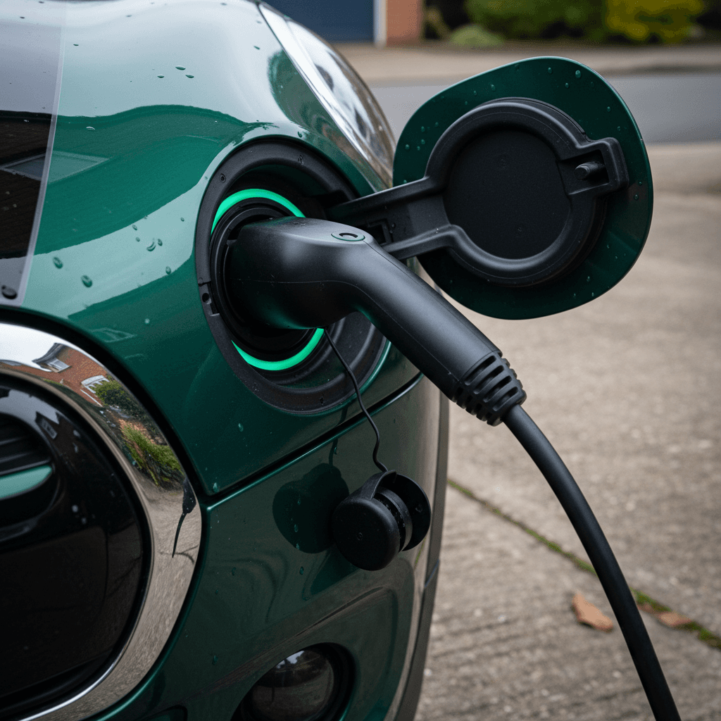 Mini Cooper SE plugged into a home Level 2 charger in a driveway on a mild day
