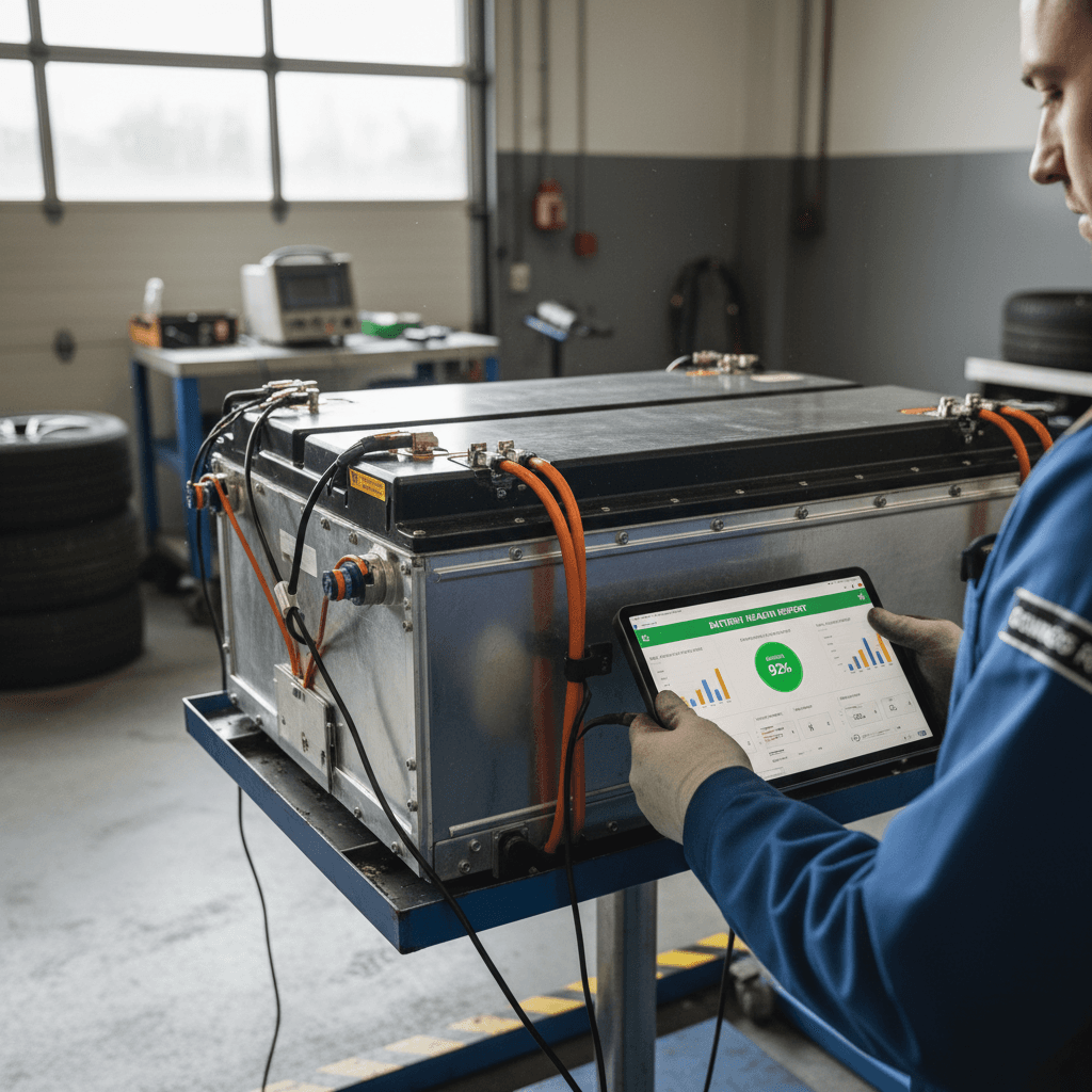 Technician connecting diagnostic equipment to an electric car battery and reviewing a detailed health report on a tablet
