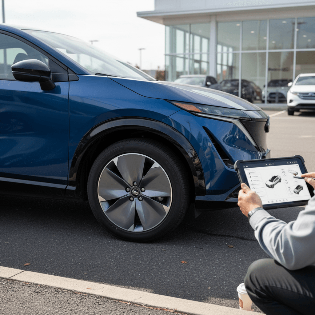 Used 2023 Nissan Ariya being visually inspected by an appraiser with a tablet at a dealership lot