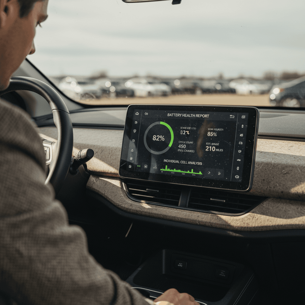 Shopper reviewing a detailed battery health and range report inside a used electric SUV