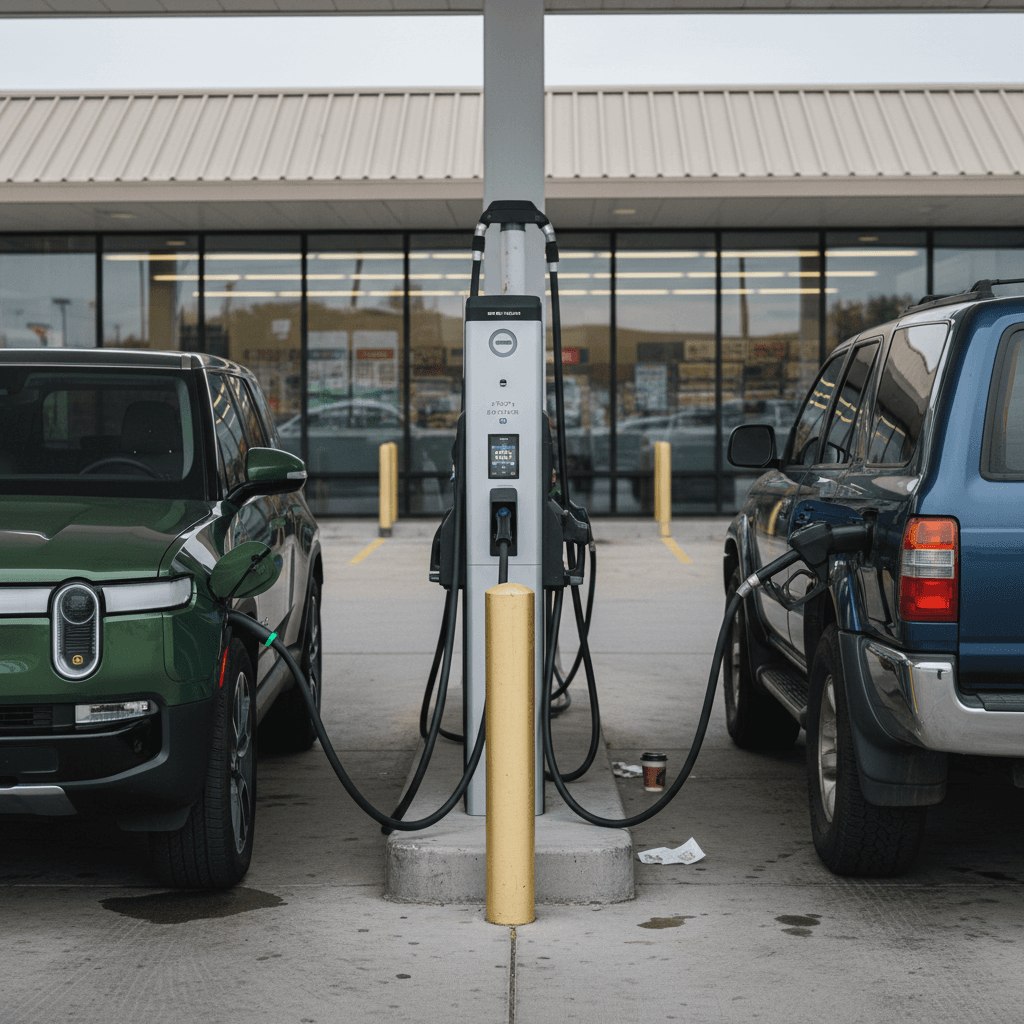 Rivian R1S parked beside a traditional gas SUV, one at a charging station and the other at a fuel pump