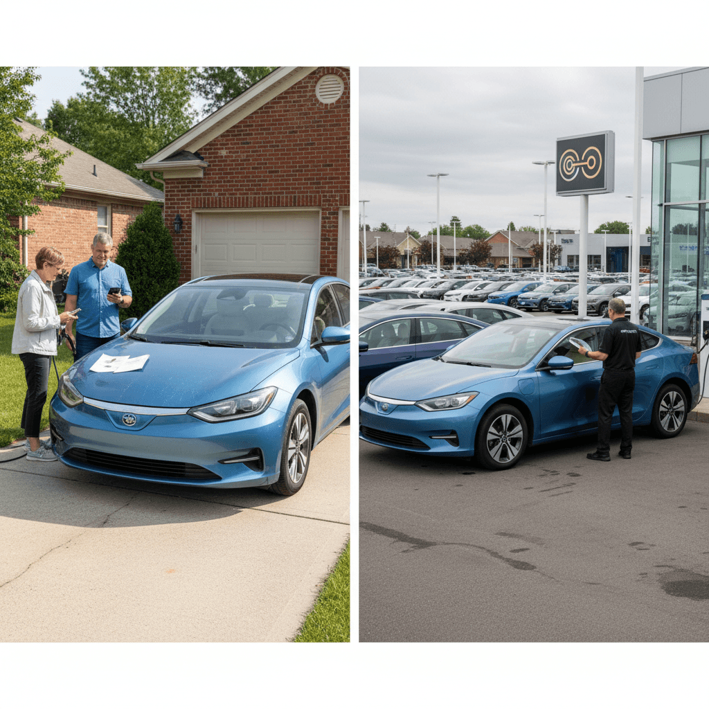 Owner comparing a private buyer offer and dealer offer for an electric car, highlighting battery health and price differences