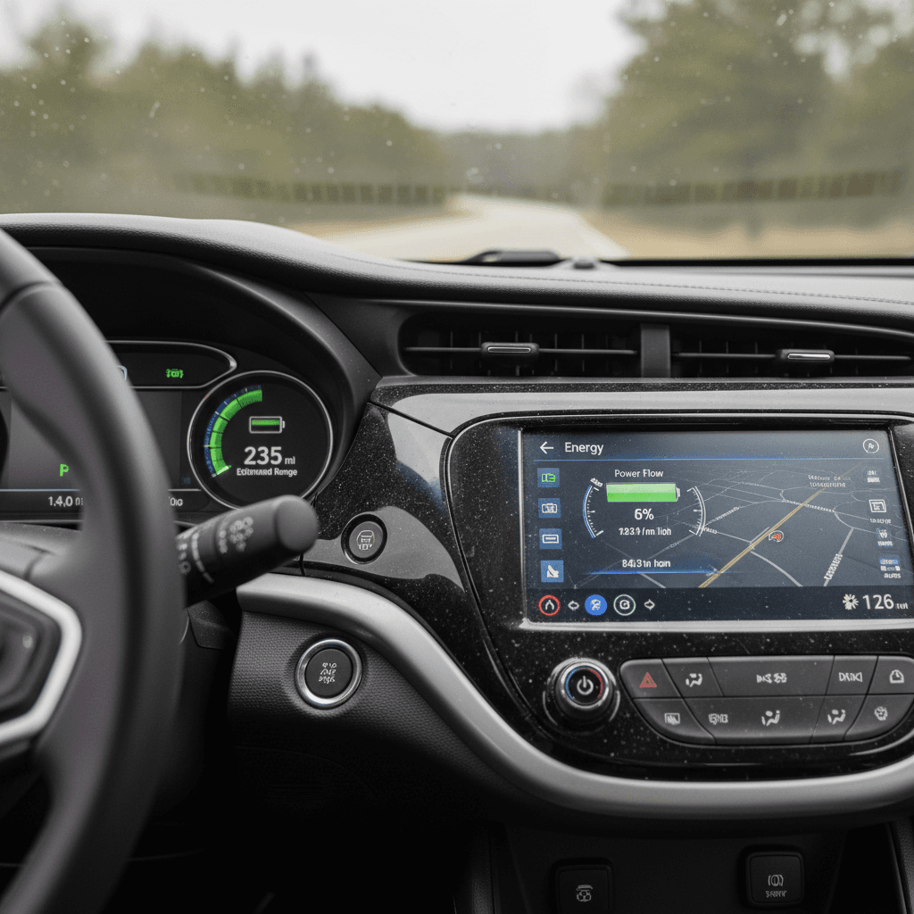Chevrolet Bolt EV instrument cluster showing state of charge, efficiency, and estimated real‑world range while driving on the highway