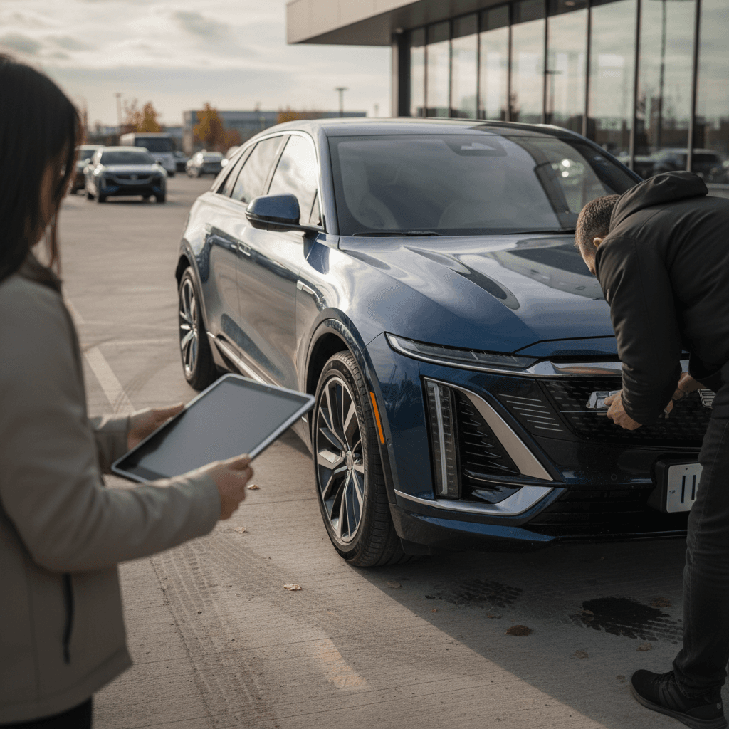 Technician using a tablet to inspect a Cadillac Lyriq during an EV trade-in appraisal