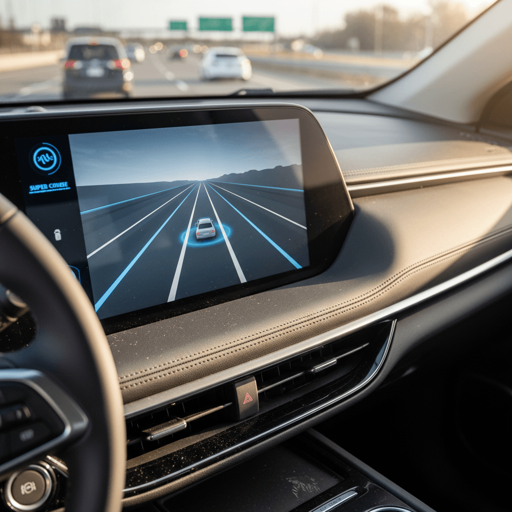 Digital instrument cluster in an electric vehicle indicating hands-free driving active on a divided highway