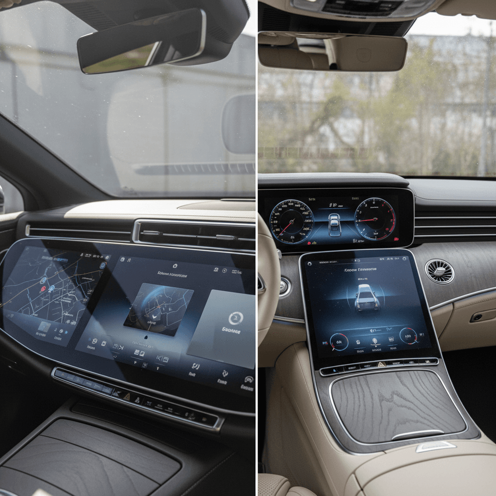 Split view of Mercedes EQS Hyperscreen and S-Class digital cockpit highlighting different interior tech and design philosophies