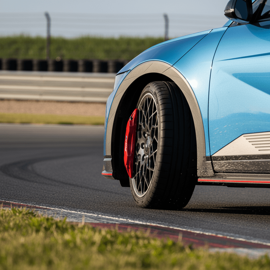 Hyundai IONIQ 5 N braking hard into a racetrack corner with large front brakes glowing slightly
