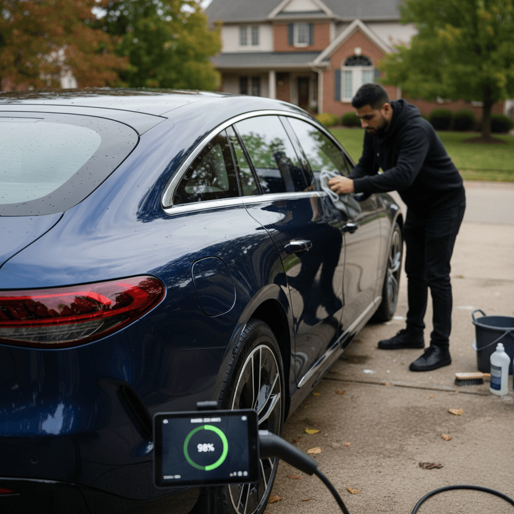 Owner detailing a Mercedes EQS and checking EV battery information before listing it for sale