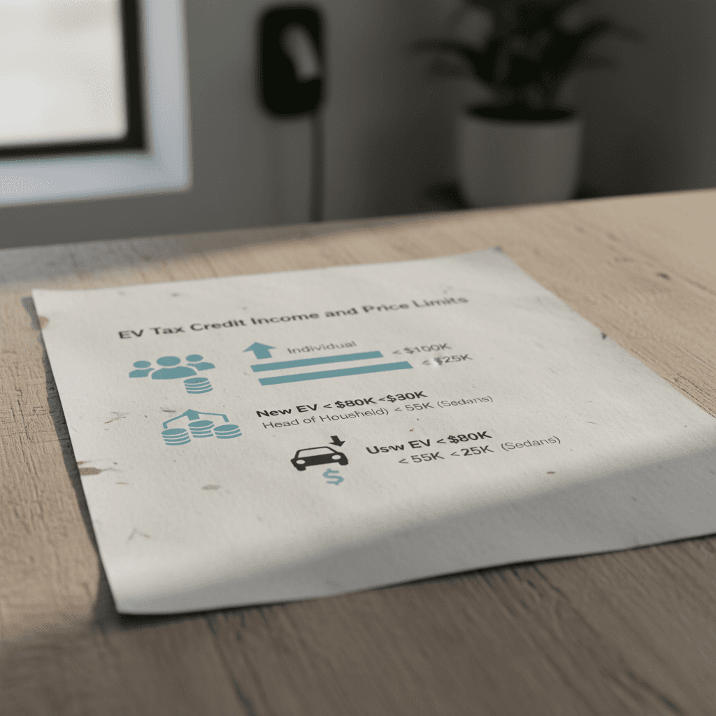 Simple infographic showing EV tax credit income limits and vehicle price caps for new and used EVs in 2026