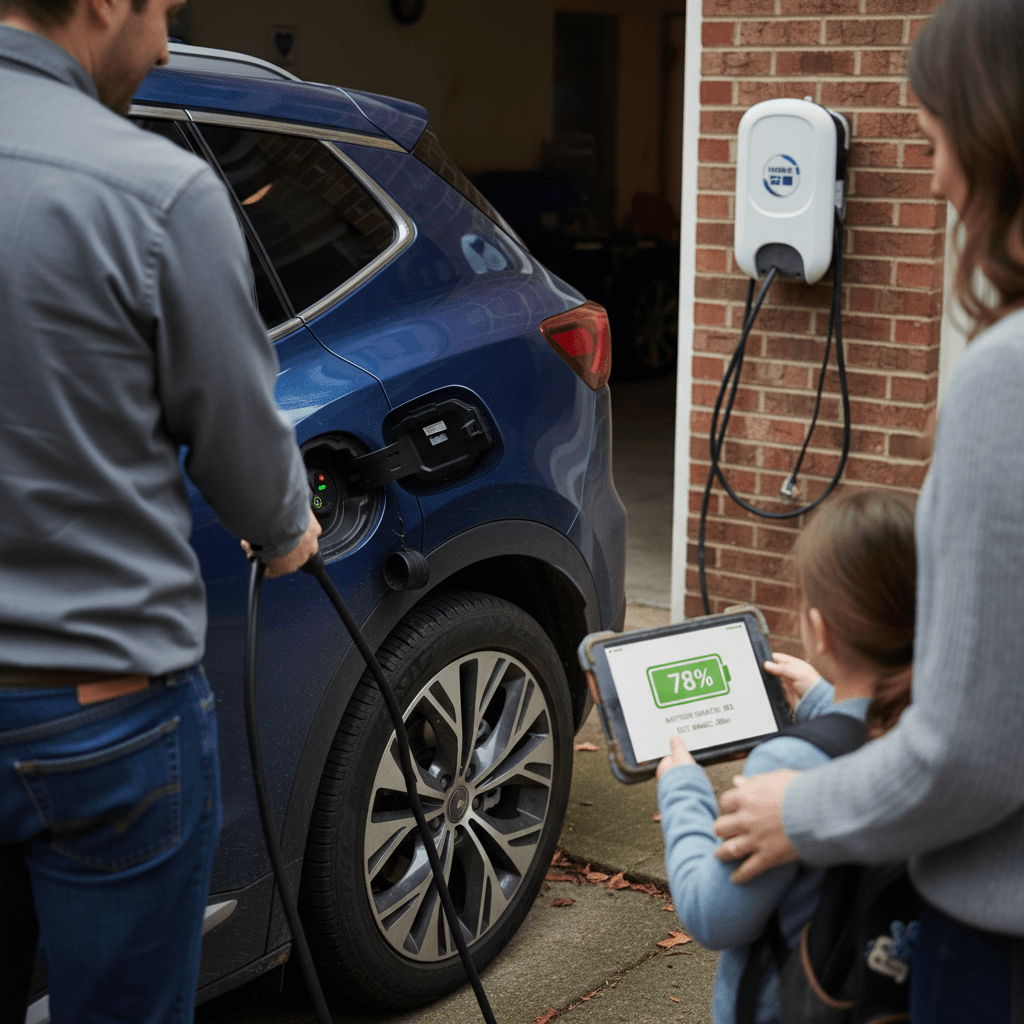 Family standing near a used electric SUV charging at home in a driveway