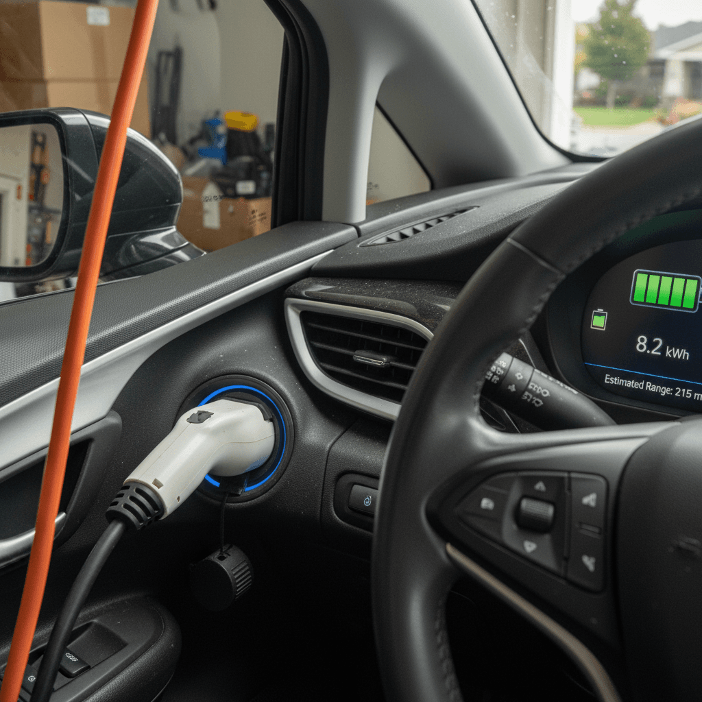 Digital dashboard of a Chevrolet Bolt EV showing remaining battery percentage and estimated range while plugged into a home charger