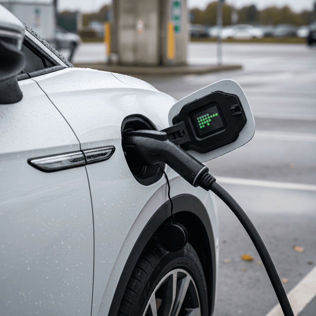 Volkswagen ID.4 charging at a highway DC fast charging station with time-to-80 percent shown on the charger display