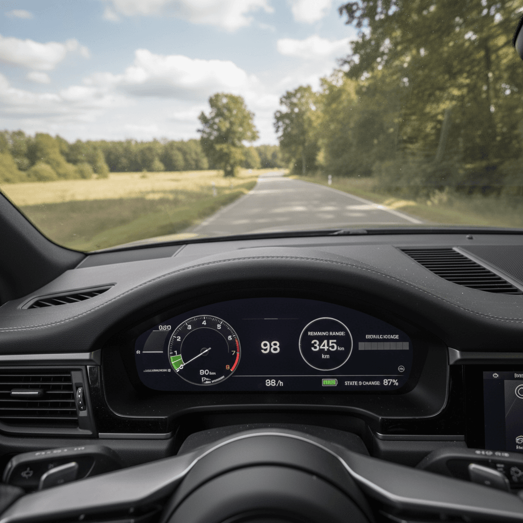 Driver display in a 2024 Porsche Macan Electric showing remaining range and battery state of charge during highway driving