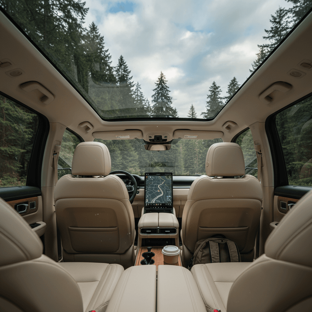 Interior view of a 2025 Rivian R1S with three rows of seating and a large central touchscreen