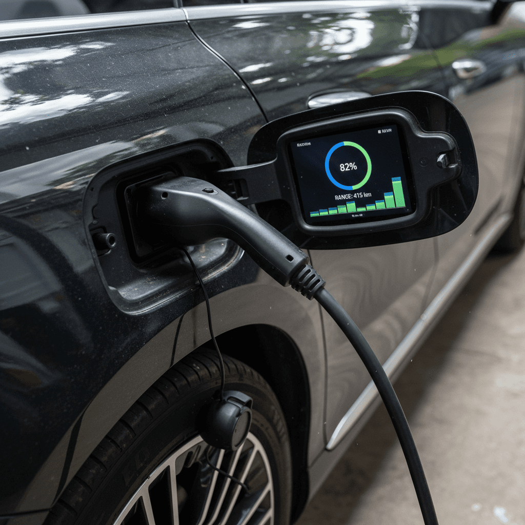 Close-up of a Mercedes EQE charging port and cable with the in-car display showing battery charge level and range remaining.