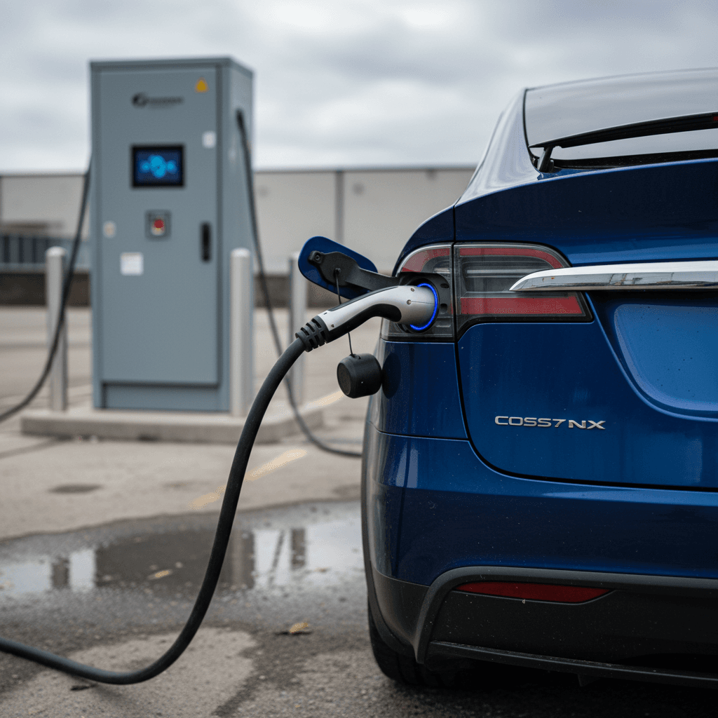 2020 Tesla Model X plugged into a high power DC fast charger in a parking lot