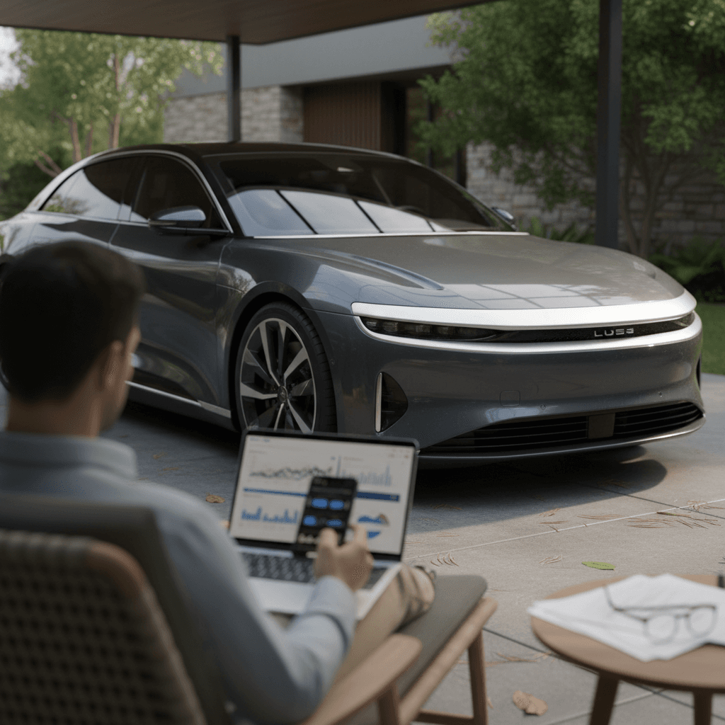 Owner comparing Lucid Air insurance quotes online while the electric sedan is parked in a driveway