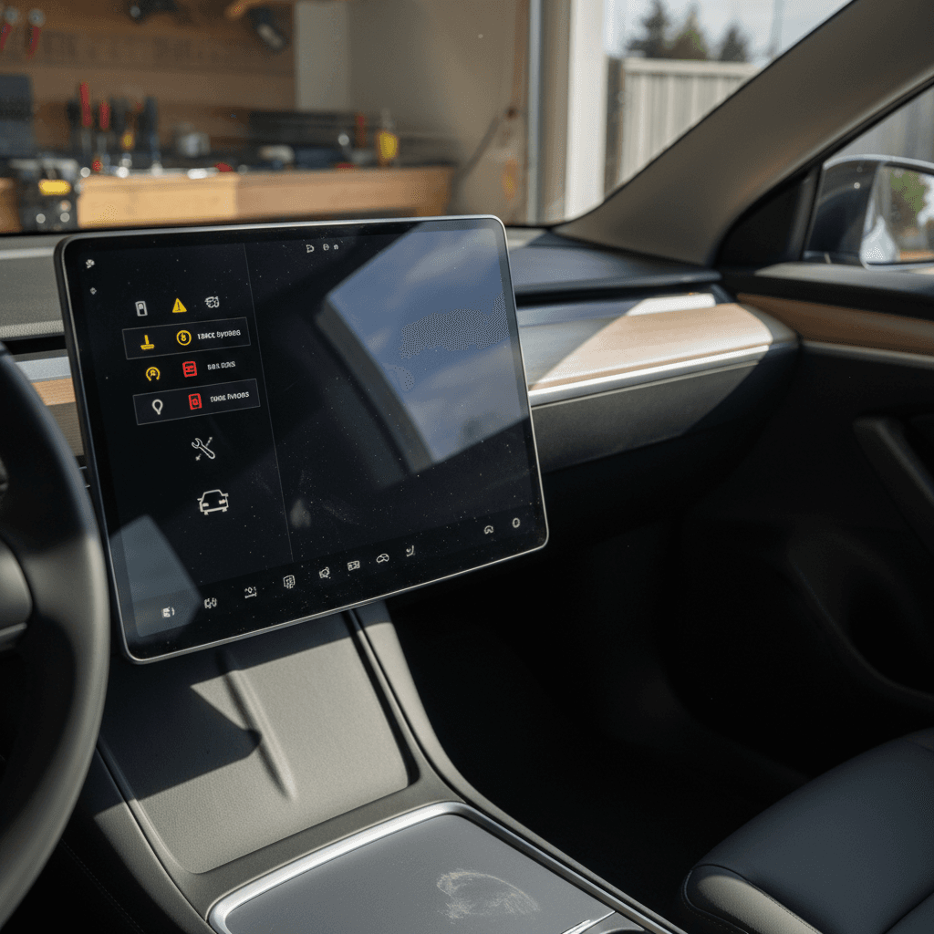 Tesla Model Y interior showing touchscreen with warning icons and driver assistance status
