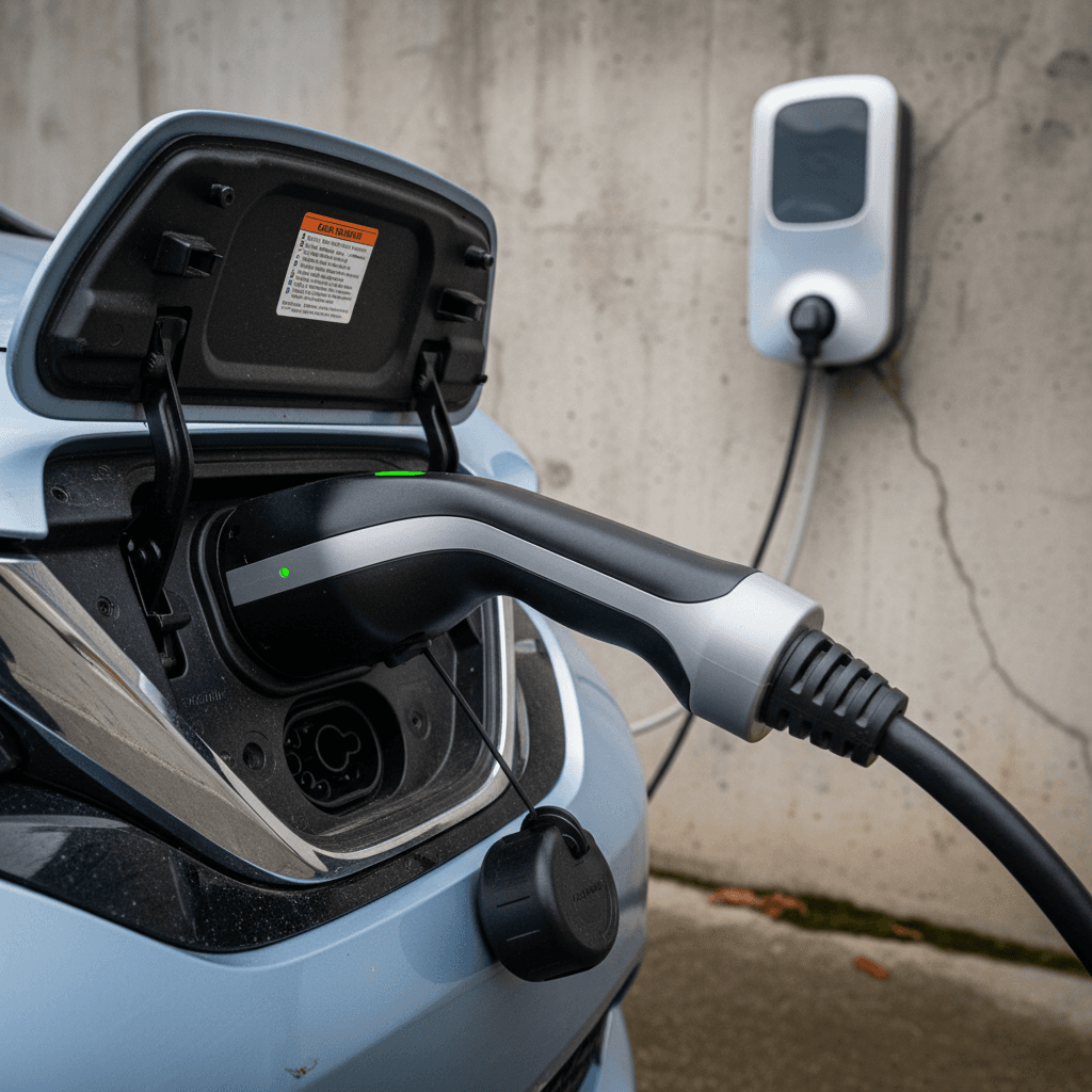 A white 2020 Nissan Leaf plugged into a home Level 2 charger in a garage