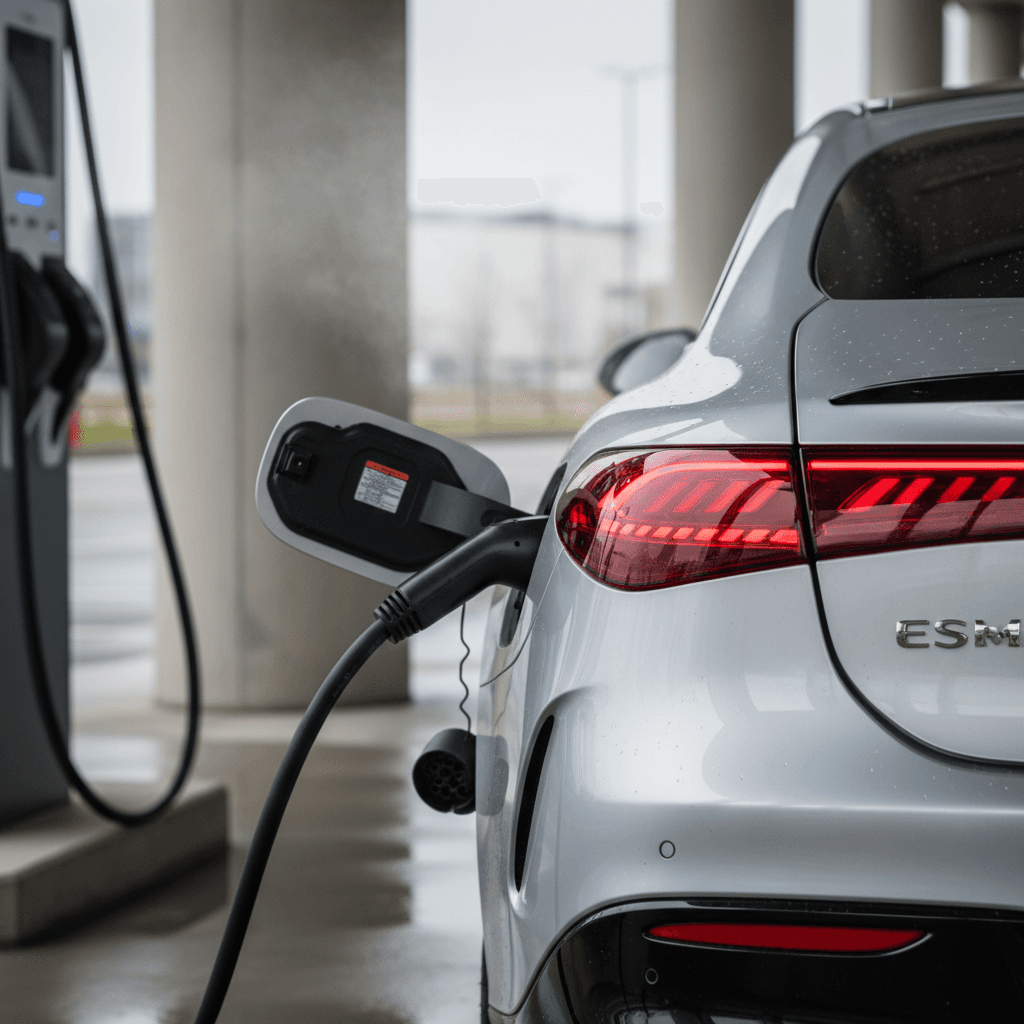 2024 Mercedes EQS plugged into a DC fast charger at a modern station at dusk