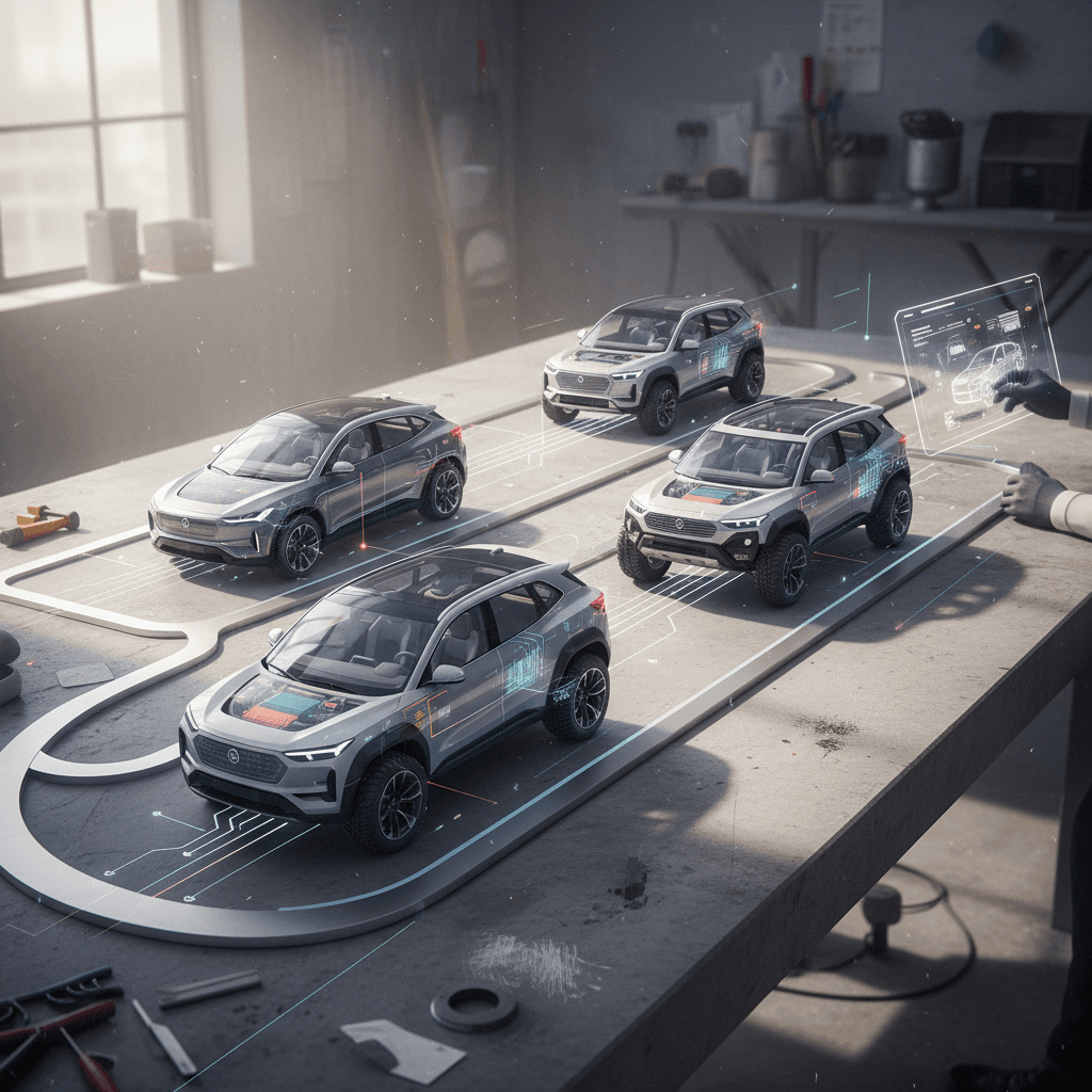 Several upcoming 2026 electric SUVs and crossovers arranged on a stylized timeline