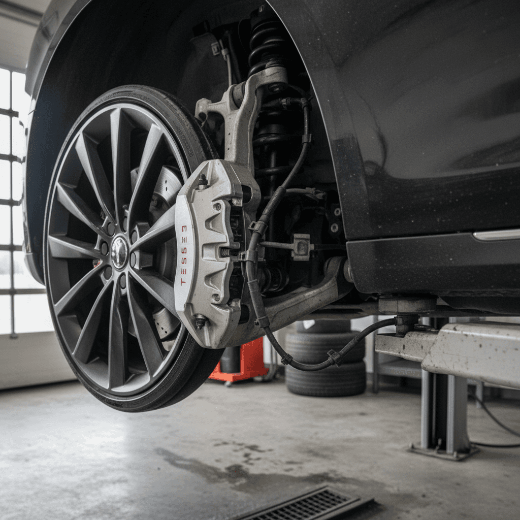 Technician inspecting the front wheel and suspension of a 2021 Tesla Model S on a lift