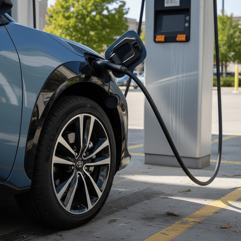 Close-up view of a 2025 Toyota bZ4X plugged into a public DC fast charger, highlighting the charge port and front wheel.